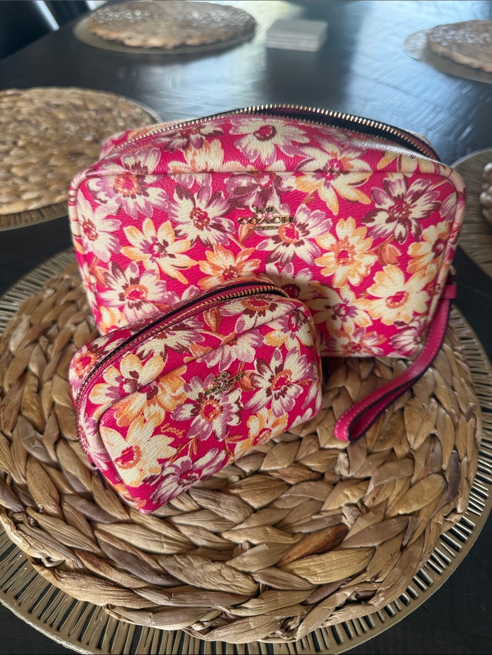 Coach Pink & Cream Floral Cosmetic Pouch Set